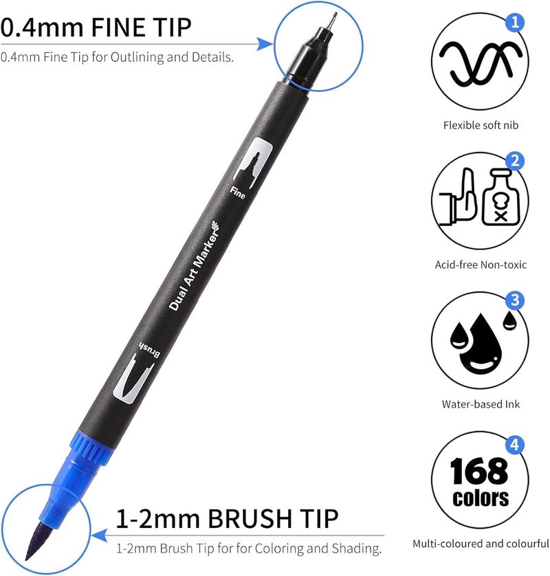TOSHARE Dual Tip Markers, Brush Art Markers Set with Fine Tip and Brush Tip for Adult Coloring Book, Hand Lettering, Calligraphy & Drawing, Professional Art Supplies Kit for Adults (168 Colors) - Image 3